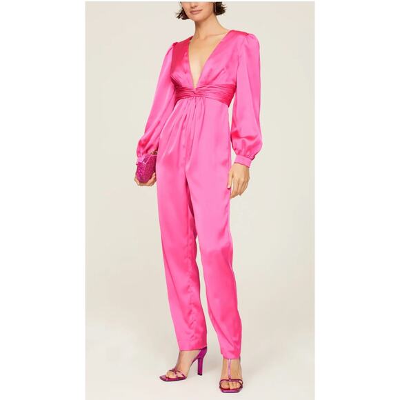 Leena for MACDUGGAL  Plunge Neck Long Sleeve Satin Pink Jumpsuit  Size 2. New - Picture 1 of 5